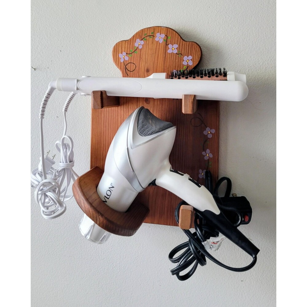 Vintage Handmade Wooden Hair Caddy Flat Curling Iron Hair Dryer Holder Wall